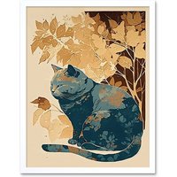 Artery8 Wall Art Print Cat by Countryside Shrub Bush in Autumn Modern Linocut Art Framed in White | Size: W12" x H16"