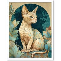 Artery8 Wall Art Print Devon Rex Cat with Pattern Fur Art Nouveau Modern Art Framed in White | Size: W12" x H16"