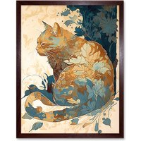 Artery8 Wall Art Print Cat with Leaf Pattern Fur Coat Modern Teal & Ochre Art Framed in Brown | Size: W12" x H16"