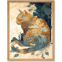 Artery8 Wall Art Print Cat with Leaf Pattern Fur Coat Modern Teal & Ochre Art Framed in Light Oak | Size: W12" x H16"