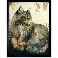 Artery8 Wall Art Print Maine Coon Cat with Flower Pattern Modern Watercolour Art Framed in Black | Size: W12" x H16"