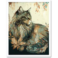Artery8 Wall Art Print Maine Coon Cat with Flower Pattern Modern Watercolour Art Framed in White | Size: W12" x H16"