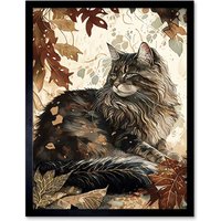 Artery8 Wall Art Print Maine Coon Cat in Autumn Leaves Modern Watercolour Ink Art Framed in Black | Size: W12" x H16"