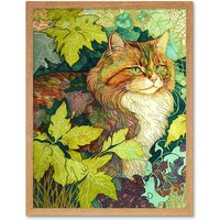 Artery8 Wall Art Print Ginger Cat Hiding in the Bush Tree Modern Colourful Art Framed in Light Oak | Size: W12" x H16"