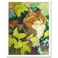 Artery8 Wall Art Print Ginger Cat Hiding in the Bush Tree Modern Colourful Art Framed in White | Size: W12" x H16"