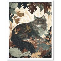 Artery8 Wall Art Print Norwegian Forest Cat Resting Under Bush Trees Modern Art Framed in White | Size: W12" x H16"