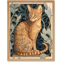 Artery8 Wall Art Print Ocicat Cat with Flower Pattern Fur Coat Art Nouveau Watercolour Art Framed in Light Oak | Size: W12" x H16"