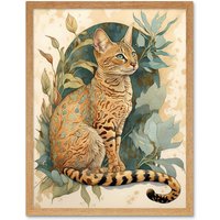 Artery8 Wall Art Print Ocicat Cat with Teal Rosette Pattern Fur & Leafy Plants Watercolour Art Framed in Light Oak | Size: W12" x H16"