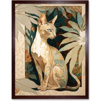 Artery8 Wall Art Print Shorthair Cat Botanical Pattern Fur & Plants Modern Art Nouveau Watercolour Art Framed in Brown | Size: W12" x H16"