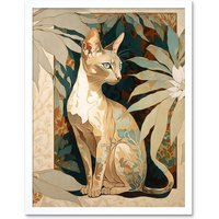 Artery8 Wall Art Print Shorthair Cat Botanical Pattern Fur & Plants Modern Art Nouveau Watercolour Art Framed in White | Size: W12" x H16"