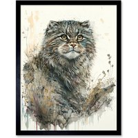 Artery8 Wall Art Print Manul Pallas Cat Portrait in Wildflowers Watercolour Art Framed in Black | Size: W12" x H16"