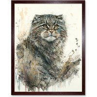 Artery8 Wall Art Print Manul Pallas Cat Portrait in Wildflowers Watercolour Art Framed in Brown | Size: W12" x H16"