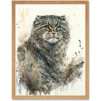 Artery8 Wall Art Print Manul Pallas Cat Portrait in Wildflowers Watercolour Art Framed in Light Oak | Size: W12" x H16"