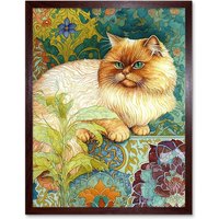 Artery8 Wall Art Print Orange Persian Cat William Morris Inspired Floral Pattern Colourful Modern Art Framed in Brown | Size: W12" x H16"