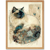 Artery8 Wall Art Print Ragdoll Cat with Floral Pattern Tail Modern Watercolour Art Framed in Light Oak | Size: W12" x H16"