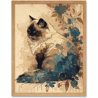 Artery8 Wall Art Print Ragdoll Cat with Floral Patterns Watercolour Art Framed in Light Oak | Size: W12" x H16"