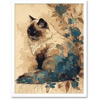 Artery8 Wall Art Print Ragdoll Cat with Floral Patterns Watercolour Art Framed in White | Size: W12" x H16"