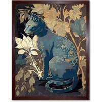 Artery8 Wall Art Print Russian Blue Cat with Autumn Plants & Floral Pattern Fur Coat Modern Silkscreen Art Framed in Brown | Size: W12" x H16"