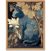 Artery8 Wall Art Print Russian Blue Cat with Autumn Plants & Floral Pattern Fur Coat Modern Silkscreen Art Framed in Light Oak | Size: W12" x H16"