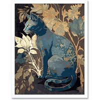 Artery8 Wall Art Print Russian Blue Cat with Autumn Plants & Floral Pattern Fur Coat Modern Silkscreen Art Framed in White | Size: W12" x H16"