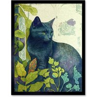 Artery8 Wall Art Print Russian Blue Cat with Bright Ornate Plants Modern Art Nouveau Art Framed in Black | Size: W12" x H16"