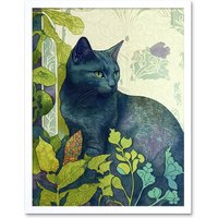 Artery8 Wall Art Print Russian Blue Cat with Bright Ornate Plants Modern Art Nouveau Art Framed in White | Size: W12" x H16"