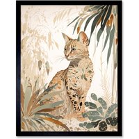 Artery8 Wall Art Print Savannah Cat with Colourful Fur Pattern in Nature Modern Watercolour Art Framed in Black | Size: W12" x H16"