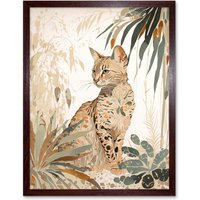 Artery8 Wall Art Print Savannah Cat with Colourful Fur Pattern in Nature Modern Watercolour Art Framed in Brown | Size: W12" x H16"