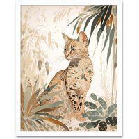 Artery8 Wall Art Print Savannah Cat with Colourful Fur Pattern in Nature Modern Watercolour Art Framed in White | Size: W12" x H16"