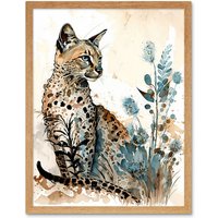 Artery8 Wall Art Print Savannah Cat & Wildflowers Modern Watercolour & Ink Art Framed in Light Oak | Size: W12" x H16"