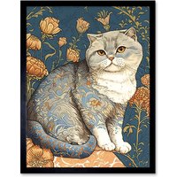 Artery8 Wall Art Print Cute Cat with Floral Pattern Fur & Autumn Flower Blooms Art Nouveau Modern Art Framed in Black | Size: W12" x H16"