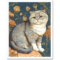 Artery8 Wall Art Print Cute Cat with Floral Pattern Fur & Autumn Flower Blooms Art Nouveau Modern Art Framed in White | Size: W12" x H16"
