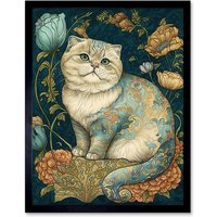 Artery8 Wall Art Print William Morris Inspired Cute Cat with Floral Pattern Fur & Flowers Colourful Modern Art Framed | Size: W12" x H16"