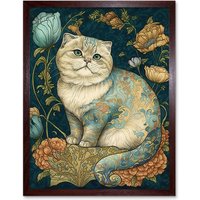 Artery8 Wall Art Print William Morris Inspired Cute Cat with Floral Pattern Fur & Flowers Colourful Modern Art Framed in Brown | Size: W12" x H16"