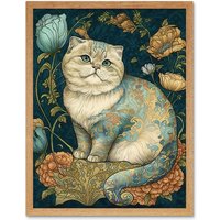 Artery8 Wall Art Print William Morris Inspired Cute Cat with Floral Pattern Fur & Flowers Colourful Modern Art Framed in Light Oak | Size: W12" x H16"