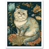 Artery8 Wall Art Print William Morris Inspired Cute Cat with Floral Pattern Fur & Flowers Colourful Modern Art Framed in White | Size: W12" x H16"