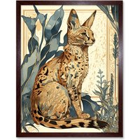 Artery8 Wall Art Print Serval Cat with Teal Plants Watercolour Portrait Modern Art Framed in Brown | Size: W12" x H16"