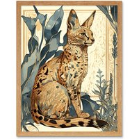 Artery8 Wall Art Print Serval Cat with Teal Plants Watercolour Portrait Modern Art Framed in Light Oak | Size: W12" x H16"
