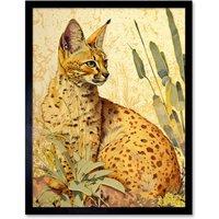 Artery8 Wall Art Print Serval Cat in Nature Detailed Watercolour & Ink Bright Art Framed in Black | Size: W12" x H16"