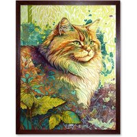 Artery8 Wall Art Print Siberian Cat in Nature Vibrant Colourful Modern Portrait Art Framed in Brown | Size: W12" x H16"