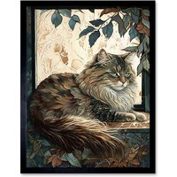 Artery8 Wall Art Print Siberian Cat Perched on Window Sill in Autumn Modern Art Framed in Black | Size: W12" x H16"