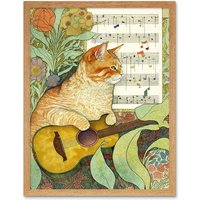 Artery8 Wall Art Print Orange Tubby Cat with Guitar & Sheet Music in Floral Art Nouveau Pattern Art Framed in Light Oak | Size: W12" x H16"