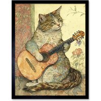 Artery8 Wall Art Print Street Musician Cat with Guitar by Flower Pattern Mural Pastel Watercolour Art Framed in Black | Size: W12" x H16"