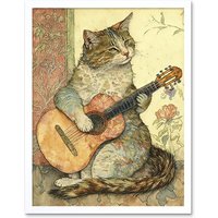 Artery8 Wall Art Print Street Musician Cat with Guitar by Flower Pattern Mural Pastel Watercolour Art Framed in White | Size: W12" x H16"