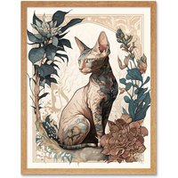 Artery8 Wall Art Print Sphynx Cat with Flower Blooms Modern Art Nouveau Portrait Art Framed in Light Oak | Size: W12" x H16"