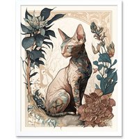 Artery8 Wall Art Print Sphynx Cat with Flower Blooms Modern Art Nouveau Portrait Art Framed in White | Size: W12" x H16"