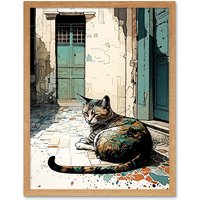 Artery8 Wall Art Print Street Cat Sunbathing on Cobblestone Street Modern Art Framed in Light Oak | Size: W12" x H16"