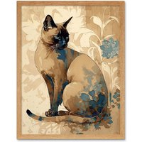 Artery8 Wall Art Print Tonkinese Cat with Blue Flower Modern Watercolour Art Framed in Light Oak | Size: W12" x H16"