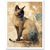 Artery8 Wall Art Print Tonkinese Cat with Blue Flower Modern Watercolour Art Framed in White | Size: W12" x H16"