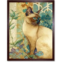 Artery8 Wall Art Print Tonkinese Cat with Art Nouveau Botanical Patterns Colourful Watercolour Art Framed in Brown | Size: W12" x H16"